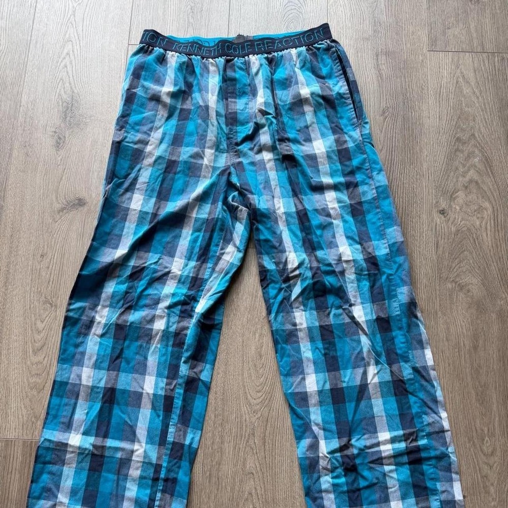 Kenneth Cole Reaction‎ Plaid Lounge Pants Mens M Blue Gray Sleep Pajama Bottoms